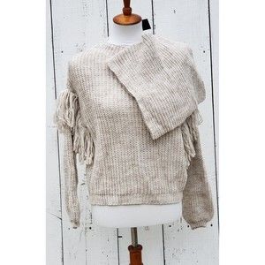 Maison Pholya Knit Women Size S Beige Long Sleeve Sweater with Scarf Italy New